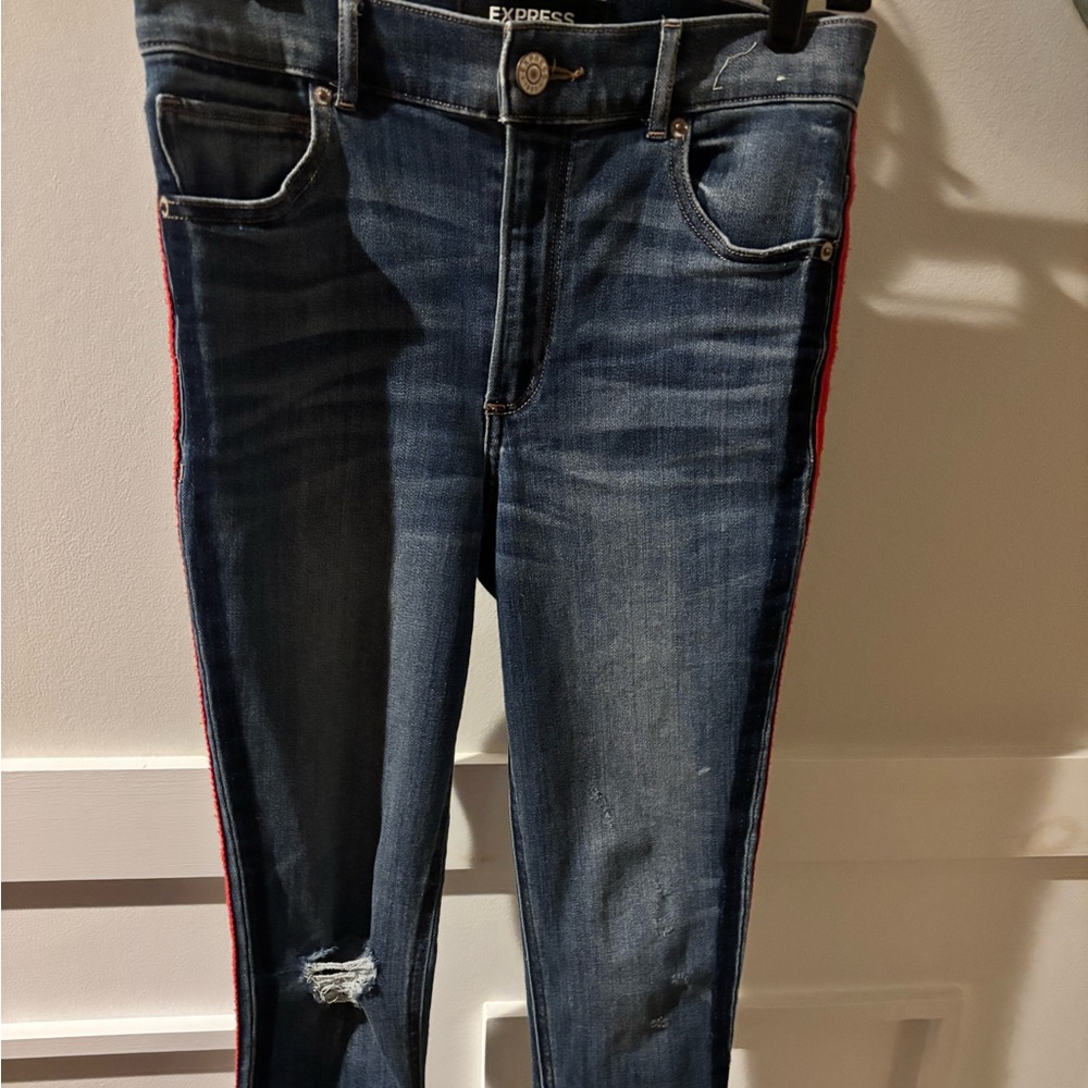 Express Women's Dark Blue Jeans with Red Side Stripe size 6R